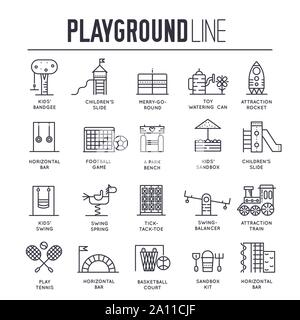 Set of playground thin line icons isolated on white. Games and toys in children`s zone outline pictograms collection. Kid`s activities in playpit, amusement park. Vector elements for infographic, web. Stock Vector